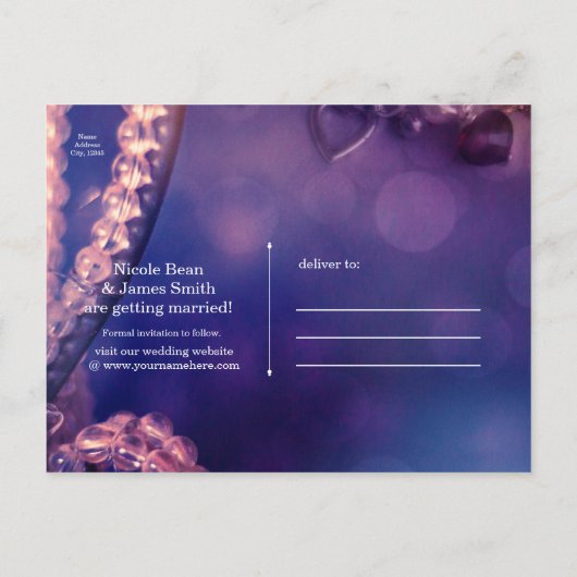 Glam Paarse Glow Chic Glamor Pearls Save the Date Aankondigingskaart (Achterkant)