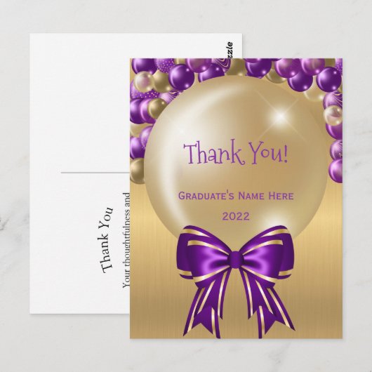 Glam Paarse Gouden Ballon Boog Bedankt Afstuderen Briefkaart (Voorkant / Achterkant)