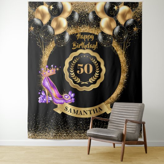 Glam Paarse hoge hakken gouden 50e verjaardagsfees Wandkleed (In situ)