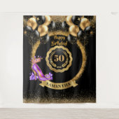 Glam Paarse hoge hakken gouden 50e verjaardagsfees Wandkleed (Voorkant)