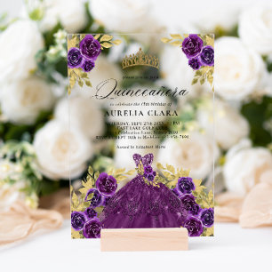 Glam paarse jurk bloemig 15e Quinceañera Acryl Uitnodigingen