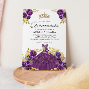 Glam Paarse jurk Floral 15th Quinceañera Kaart