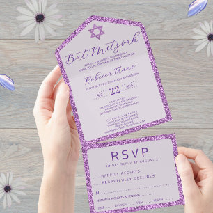 Glam Paarse Klassieke Elegante Bat Mitzvah RSVP All In One Uitnodiging