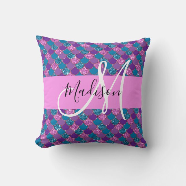 Glam Paarse Meermin Glitter Glans Monogram Naam Kussen (Voorkant)