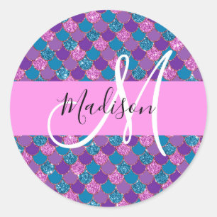 Glam Paarse Meermin Glitter Glans Monogram Naam Ronde Sticker