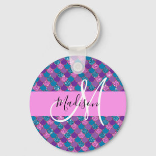 Glam Paarse Meermin Glitter Glans Monogram Naam Sleutelhanger