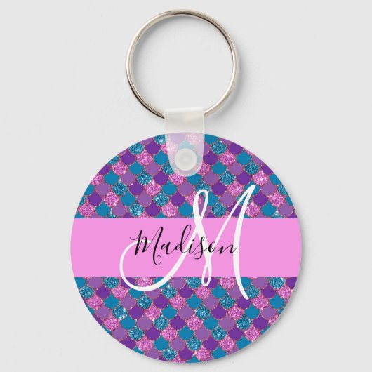 Glam Paarse Meermin Glitter Glans Monogram Naam Sleutelhanger (Voorkant)