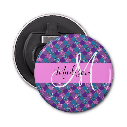 Glam Paarse Mermaid Glitter Sparkles Monogram Button Flesopener (Voorkant)