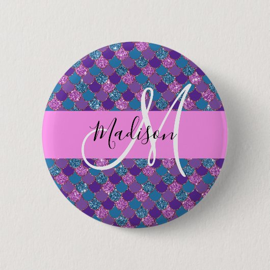Glam Paarse Mermaid Glitter Sparkles Monogram Ronde Button 5,7 Cm (Voorkant)