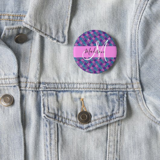 Glam Paarse Mermaid Glitter Sparkles Monogram Ronde Button 5,7 Cm (In situ)