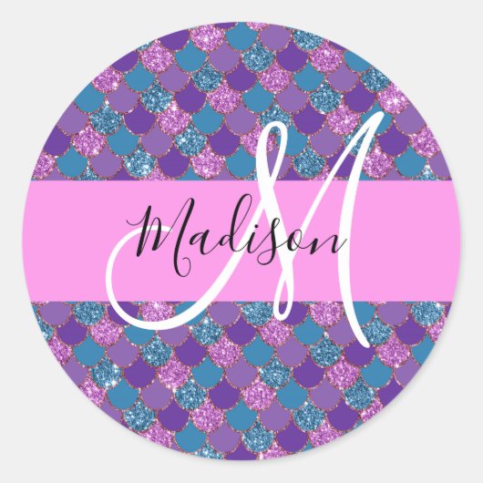 Glam Paarse Mermaid Glitter Sparkles Monogram Ronde Sticker (Voorkant)