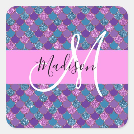 Glam Paarse Mermaid Glitter Sparkles Monogram Vierkante Sticker (Voorkant)