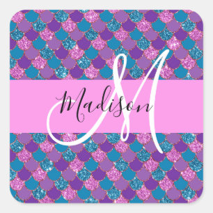 Glam Paarse Mermaid Glitter Sparkles Monogram Vierkante Sticker