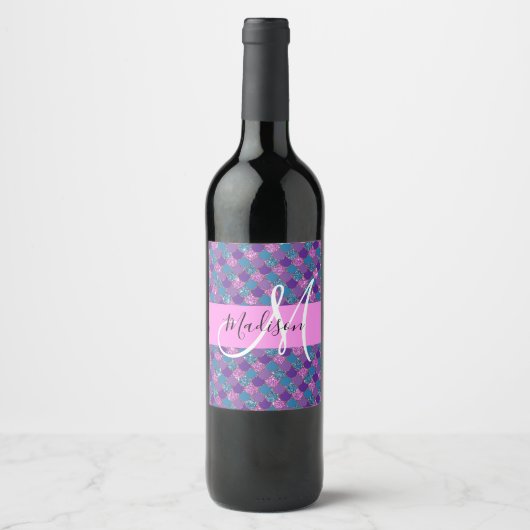 Glam Paarse Mermaid Glitter Sparkles Monogram Wijn Etiket (Voorkant)