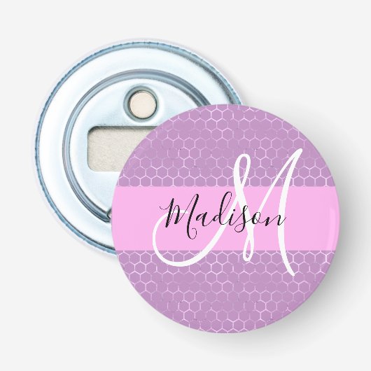 Glam Paarse Metaalachtige Roze Honingraat Monogram Button Flesopener (Voorkant)
