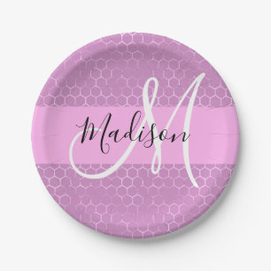Glam Paarse Metaalachtige Roze Honingraat Monogram Papieren Bordje