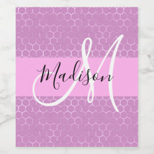 Glam Paarse Metaalachtige Roze Honingraat Monogram Wijn Etiket