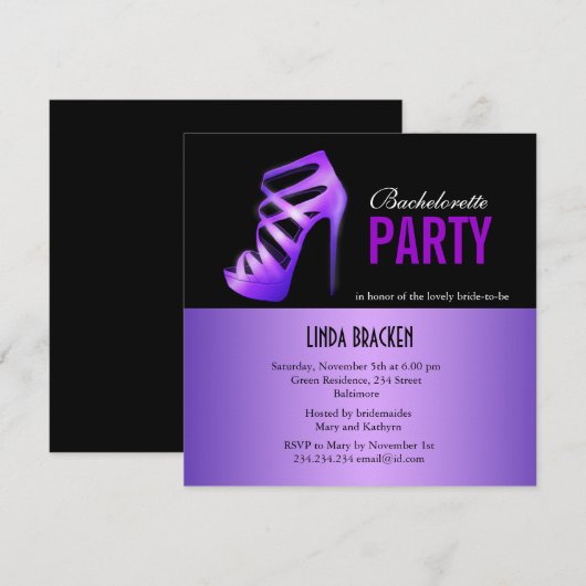 Glam Paarse pompen Black Bachelorette Party-kaart Kaart (Voorkant / Achterkant)