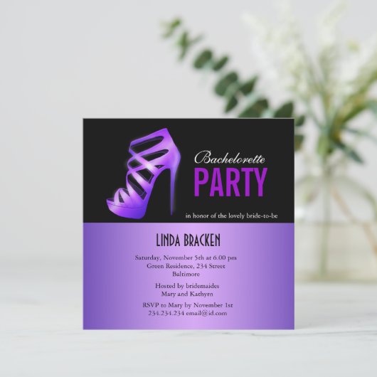Glam Paarse pompen Black Bachelorette Party-kaart Kaart (Staand voorkant)