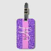 Glam Paarse & Roze Glitter Glans Monogram Naam Bagagelabel (Voorkant (verticaal))