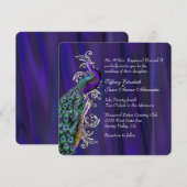 Glam Paarse Satin en Peacock Wedding Invitation Kaart (Voorkant / Achterkant)