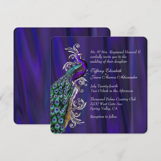 Glam Paarse Satin en Peacock Wedding Invitation Kaart (Voorkant / Achterkant)