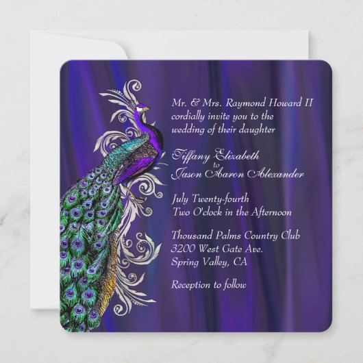 Glam Paarse Satin en Peacock Wedding Invitation Kaart (Voorkant)