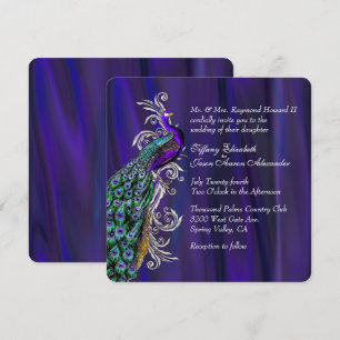 Glam Paarse Satin en Peacock Wedding Invitation Kaart