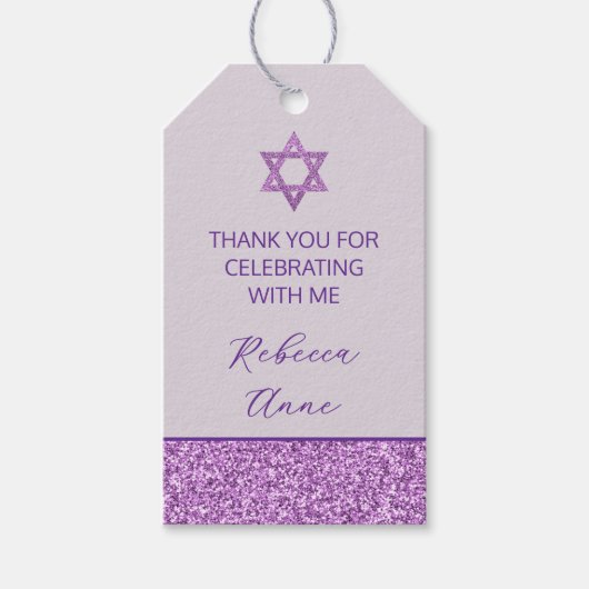 Glam Paarse Schattigee Dank u Bat Mitzvah Partij Cadeaulabel (Voorkant)
