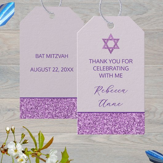 Glam Paarse Schattigee Dank u Bat Mitzvah Partij Cadeaulabel