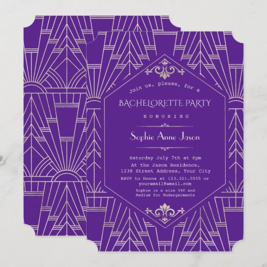 Glam Paarse Silver Great Gatsby Bachelorette Party Kaart (Voorkant / Achterkant)