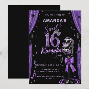 Glam Paarse Sweet 16 Verjaardag Karaoke Feest Kaart