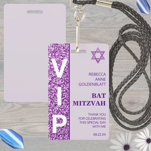 Glam Paarse Unieke VIP Bat Mitswa Party Favoriet Badge