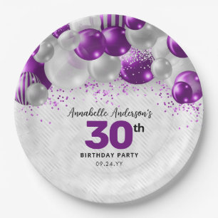 Glam Paarse Violet Zilveren Ballon Glitter Verjaar Papieren Bordje