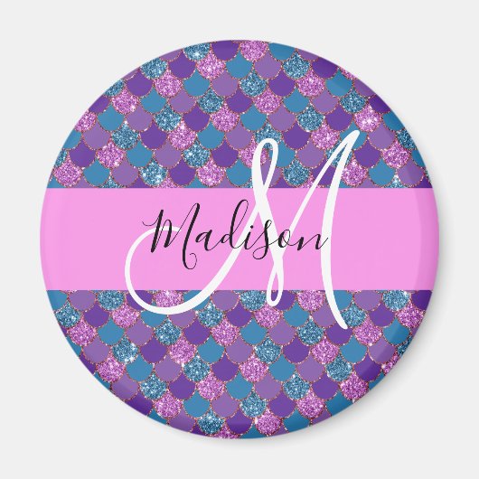 Glam Paarse Zeemeermin Glitter Glans Monogram Naam Magneet (Voorkant)