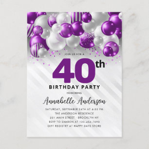 Glam Paarse Zilveren Ballon Glitter 40e Verjaardag Briefkaart