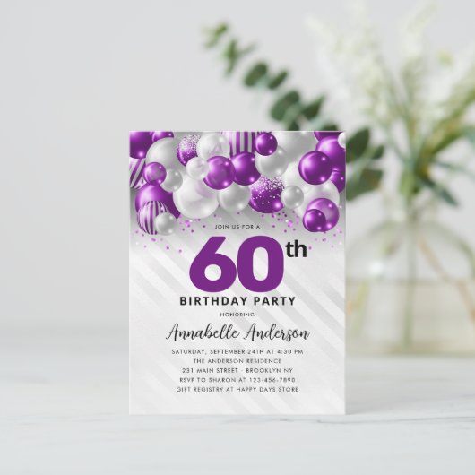 Glam Paarse Zilveren Ballon Glitter 60e Verjaardag Briefkaart (Staand voorkant)