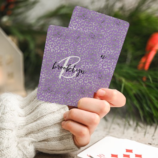 Glam paarse zilveren luipaardspatten Script Monogr Pokerkaarten
