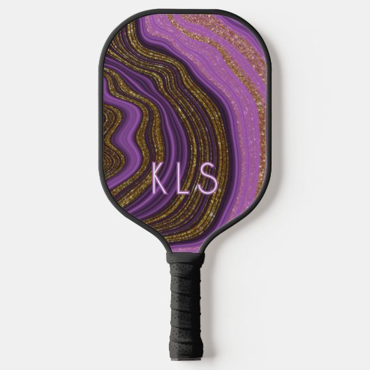 Glam Paarse Zwart & Gouden Glitter Agaat Monogram Pickleball Paddle (Voorkant)