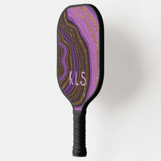 Glam Paarse Zwart & Gouden Glitter Agaat Monogram Pickleball Paddle (Links)