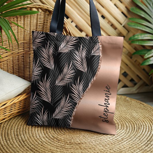 Glam Palm Bladeren Roos Goud Zwart Metallic Naam Tote Bag