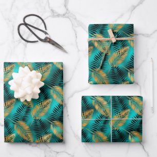 Glam Palm Leaves Gold Black Blauwgroen Faux Folie Inpakpapier Vel
