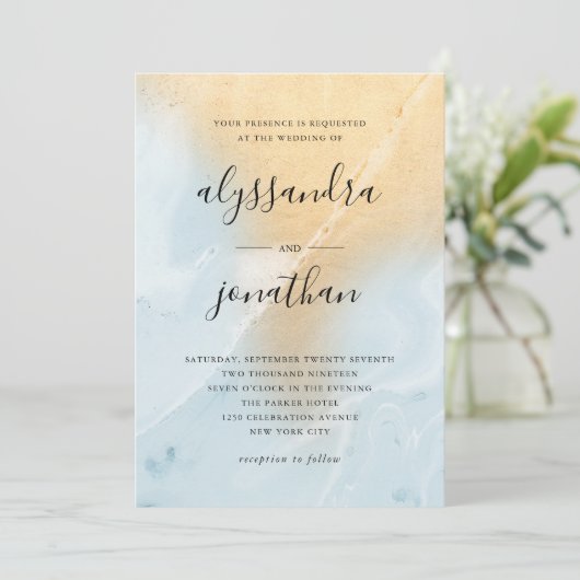 Glam Pastel Blue en Gold Marble Kijk | Weddenschap Kaart (Staand voorkant)