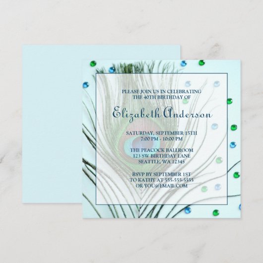 Glam Peacock Feather 40th Birthday Party Blauwgroe Kaart (Voorkant / Achterkant)