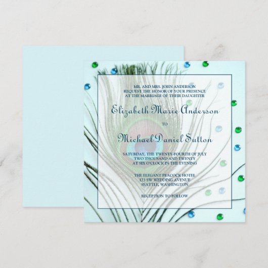 Glam Peacock Feather Blauwgroen Weddenschap Kaart (Voorkant / Achterkant)