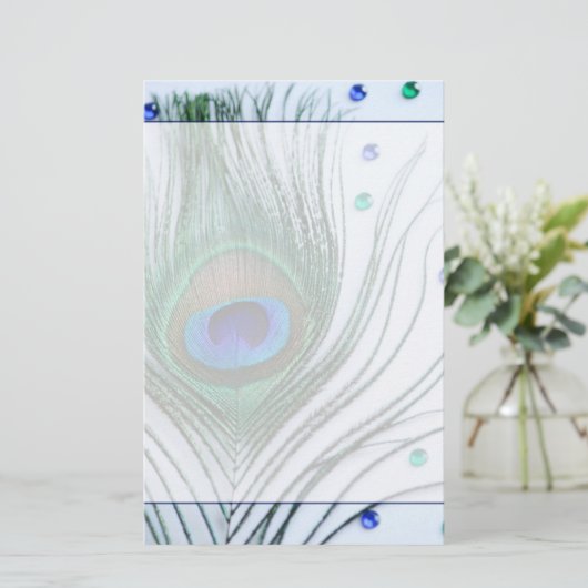 Glam Peacock Feather Blue Briefpapier (Staand voorkant)