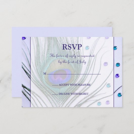 Glam Peacock Feather Paars Response Card RSVP Kaartje (Voorkant / Achterkant)
