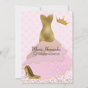 Glam Pink and Gold Gown Quinceañera Uitnodiging