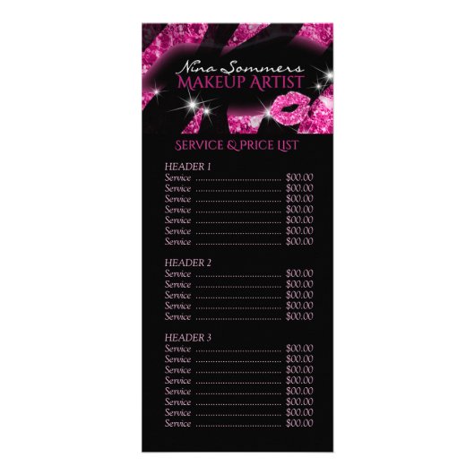 Glam Pink Black Glitter Prijs Lijst Service Menu (Voorkant)