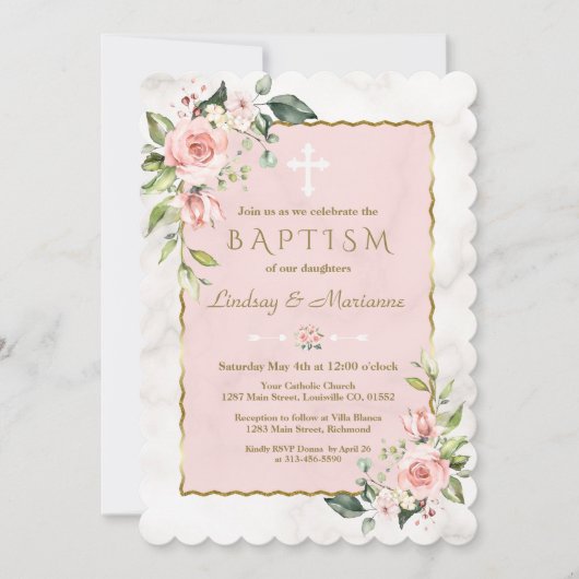Glam Pink Blush Flowers Gold Marble Twins Baptisme Kaart (Voorkant)